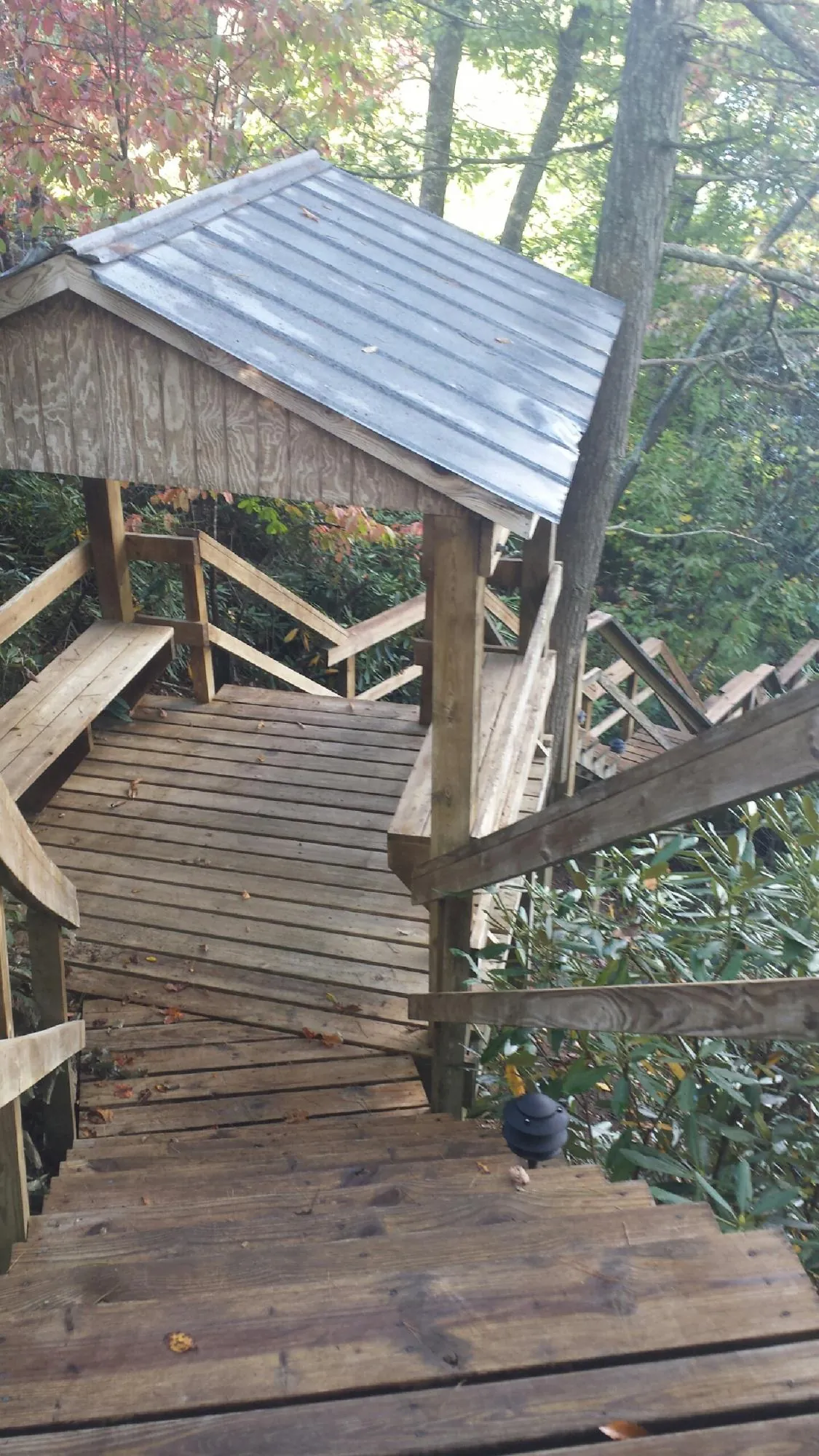 Metal roofed shelter over wooden steps on a wooded walkway — Skylight Repair & Installation work by our crew in Saint Edward